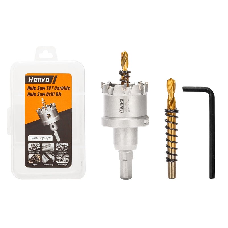 Henvo Hole Saw 1-1/2" (38mm) Heavy Duty Carbide with 2 Pilot Drill Bits - Metal Hole Cutter Cuts Stainless Steel, Iron, Copper, Brass, Plastic - Image 1